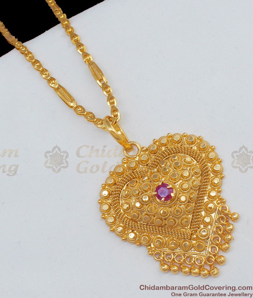 Lovely Heart Design With Single Ruby Stone Gold Tone Dollar Chain With Beads BGDR586