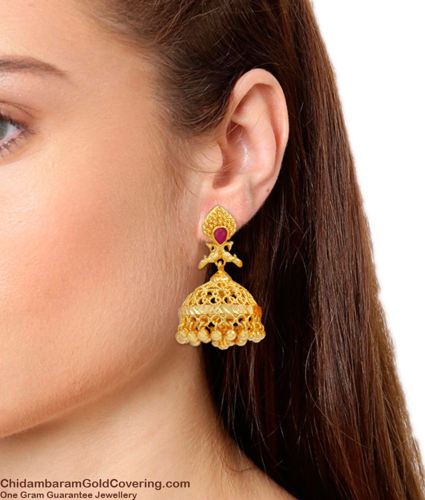 Big Peacock Design Gold Tone Traditional Umbrella Jhumka Earrings Bridal Wear ER1069