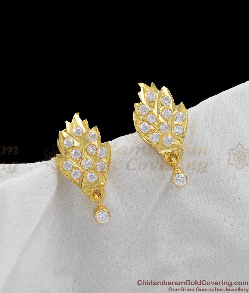 Full White Stone Gold Impon Leaf Design Stud Earrings For Girls ER1078