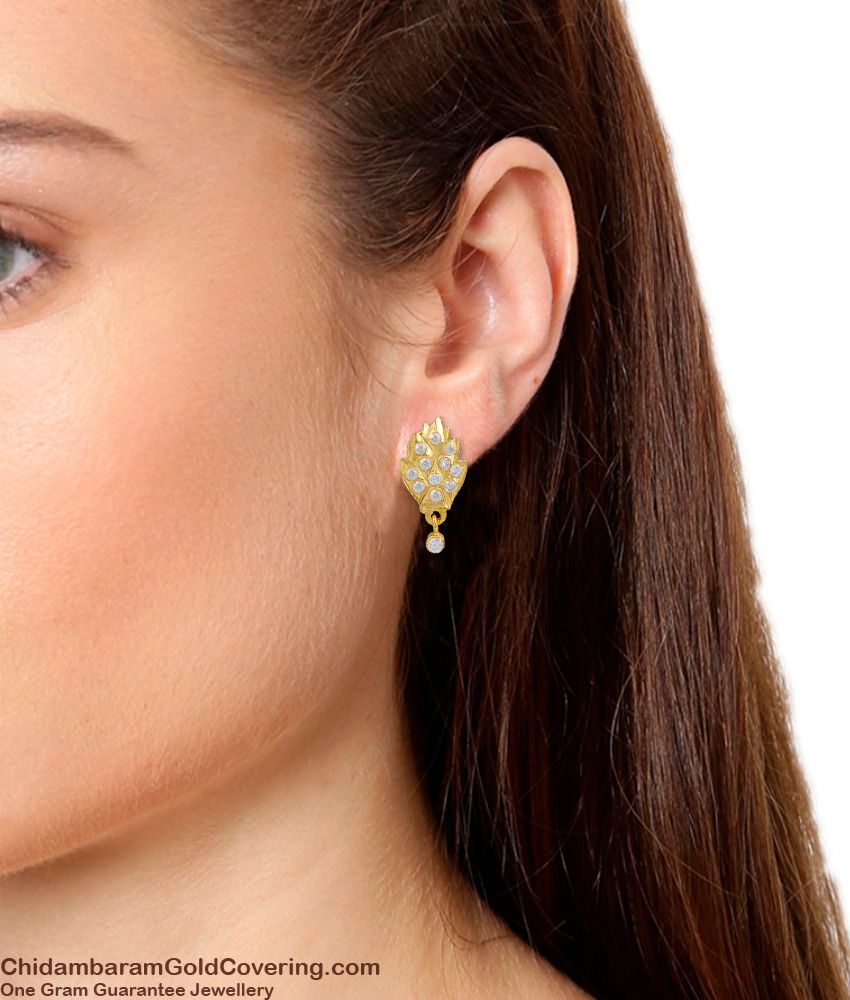 Full White Stone Gold Impon Leaf Design Stud Earrings For Girls ER1078