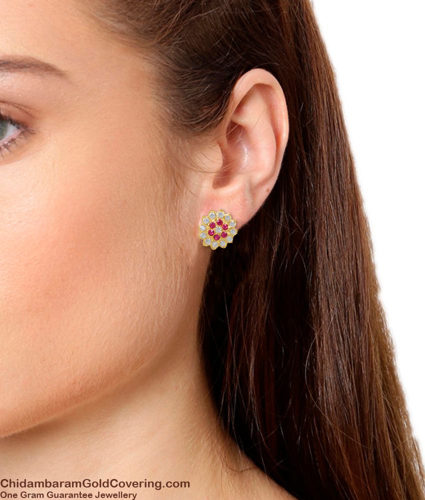 Impon Flower Stud Gold Pink And White Stone Earring Collections ER1082