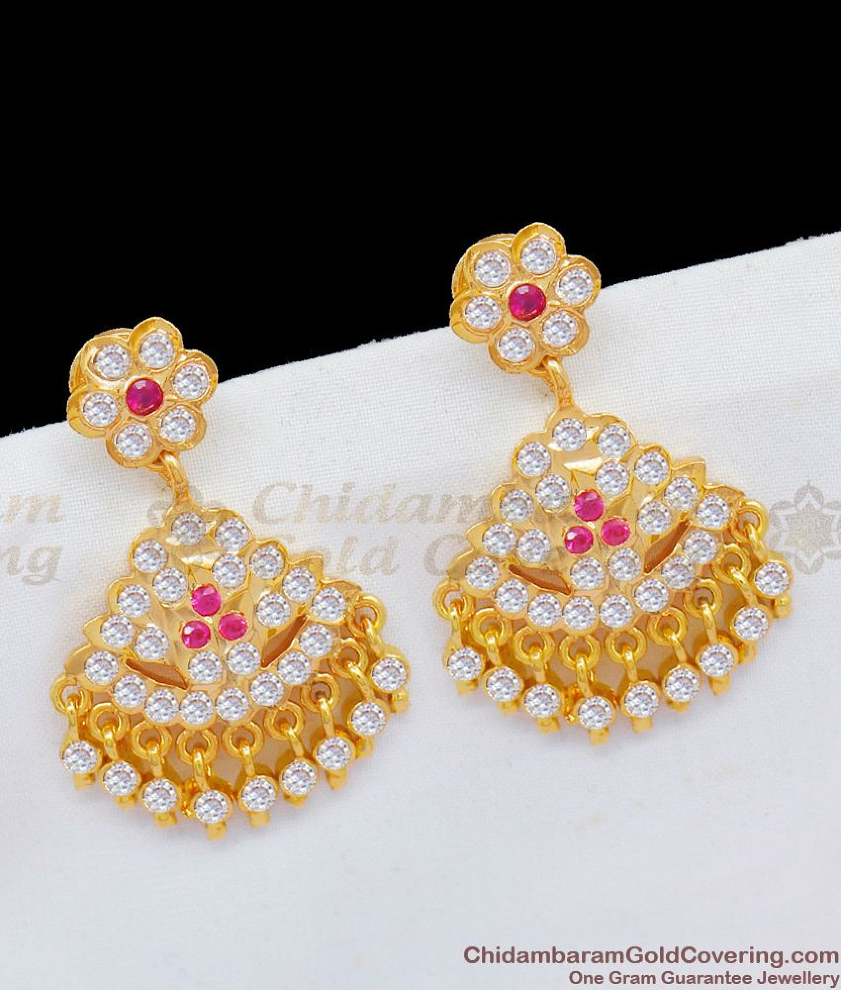 Sparkling White And Pink Stones Impon Gold Danglers With Beads For ...