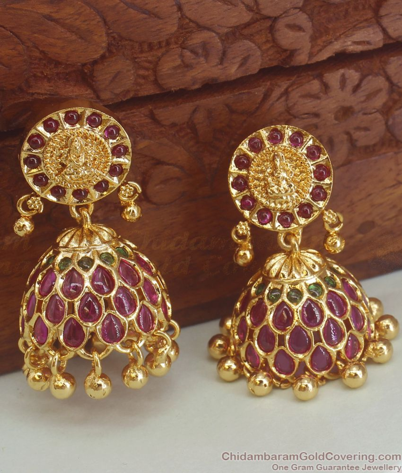 Heavy Lakshmi Traditional Design Gold Jhumki Earrings With Double Color ...