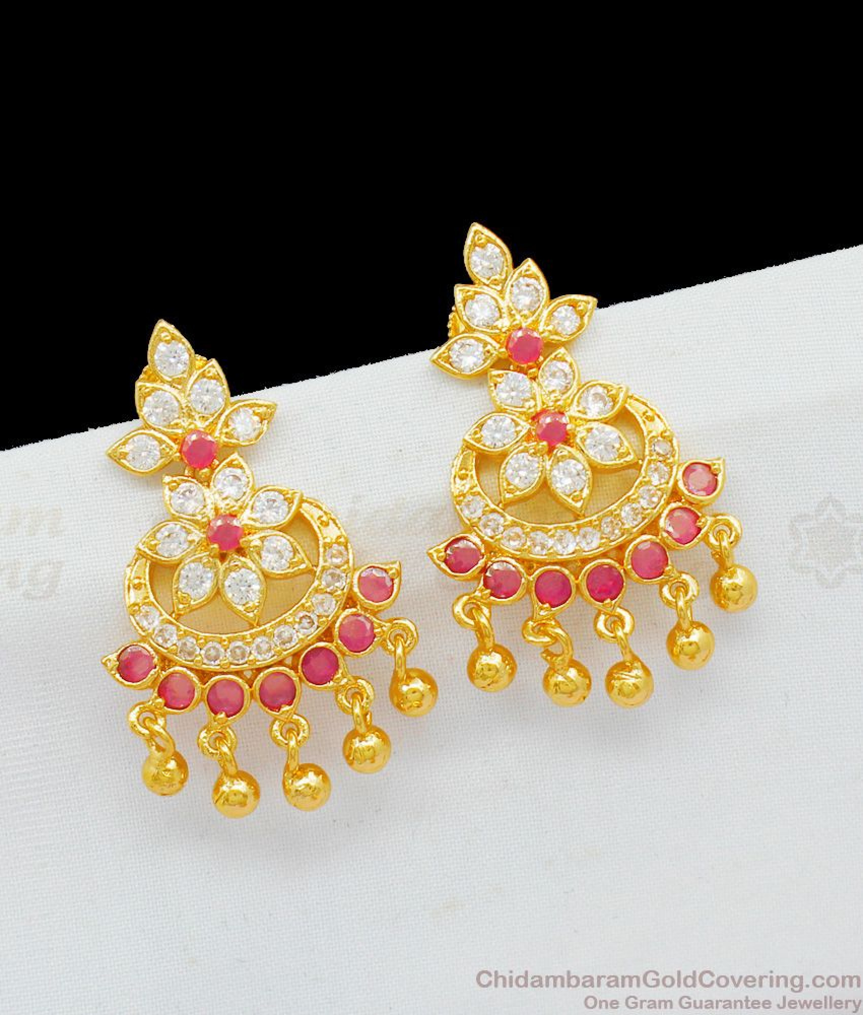 Impon Gold Flower Model Dangler With Pink And White Stones For Ladies ...