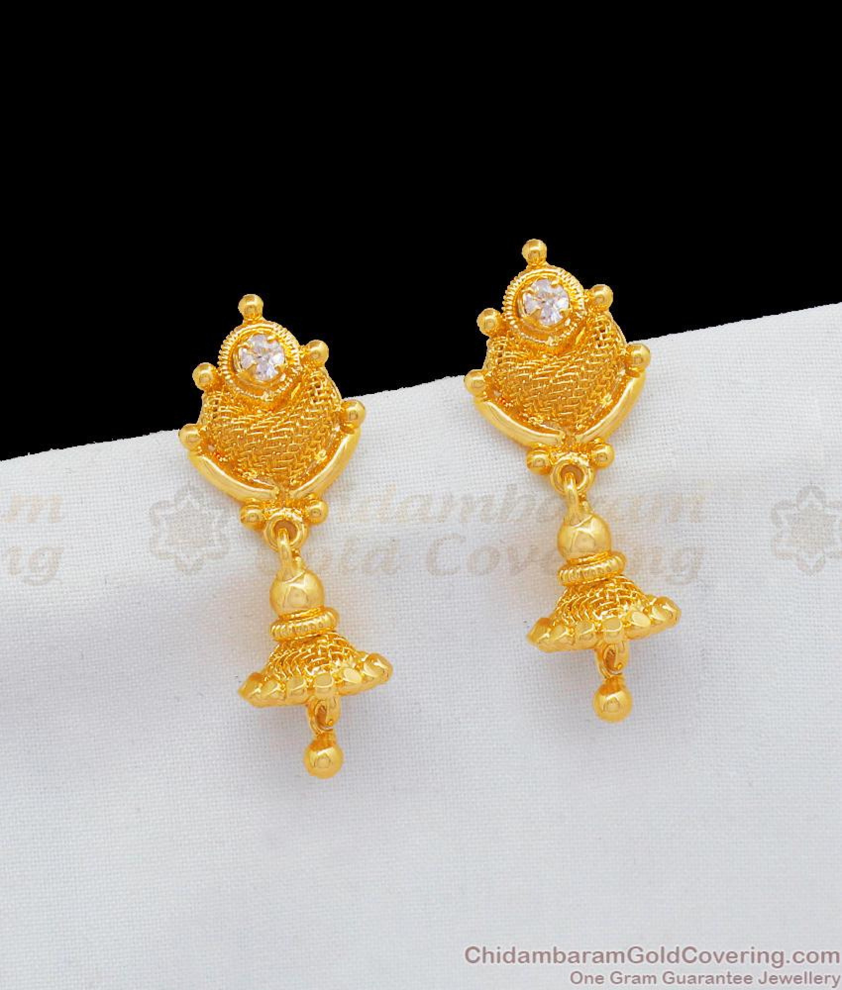 Single White Stone Small Jhumka One Gram Gold Earrings For Daily Use ER1918