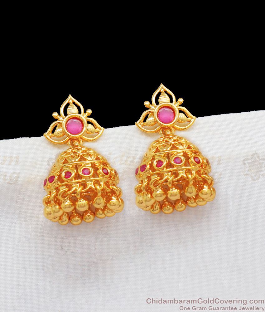 Artistic Pretty Flower Gold Plated Medium Stone Jhumki Design ER2094