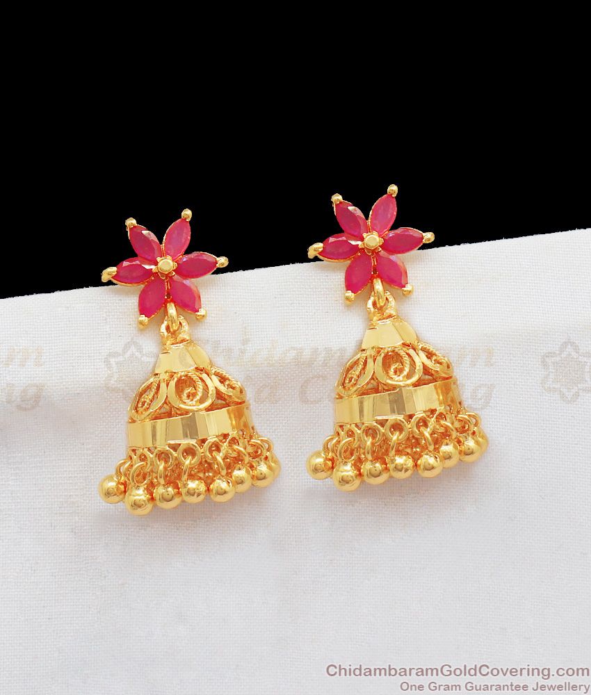 Attractive Flower Type Gold Jhumkas With Ruby Stone Design One Gram Gold Jewelry ER2098