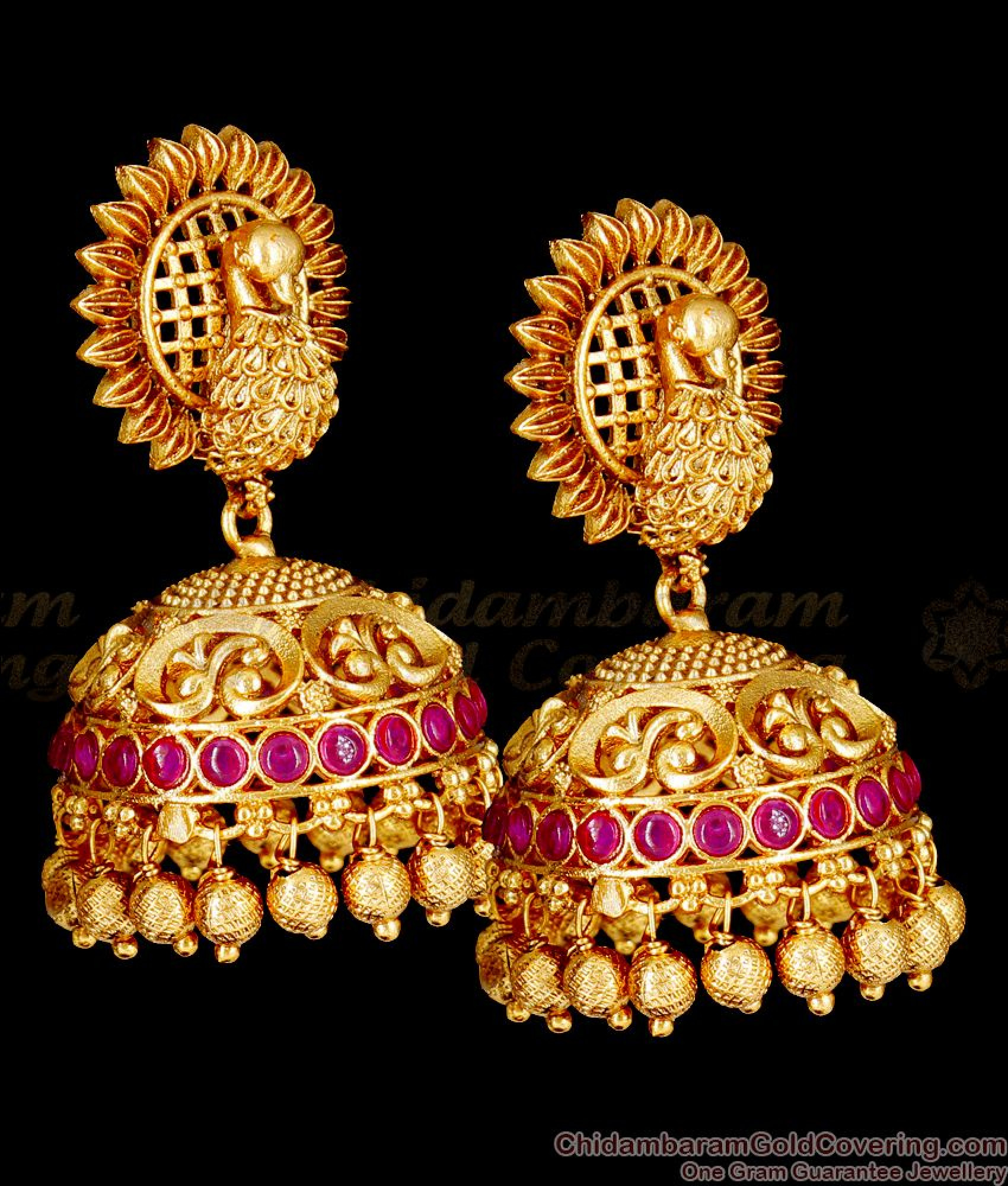 Buy First Quality 3D Peacock Temple Jhumkas With Kemp Stone Antique ...