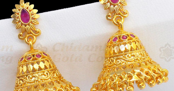 Unique Ruby Emerald Stone Jimki Kammal Forming Gold Earrings Bridal Wear Er2359 1932