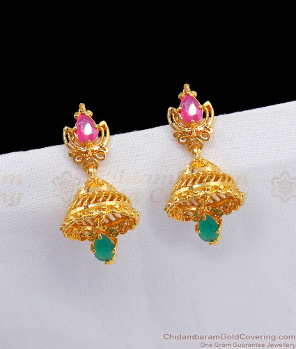 22K Gold Uncut Diamond Jhumkas - Dangle Earrings with Ruby , Emerald &  Beads - 235-DJH009 in 16.800 Grams