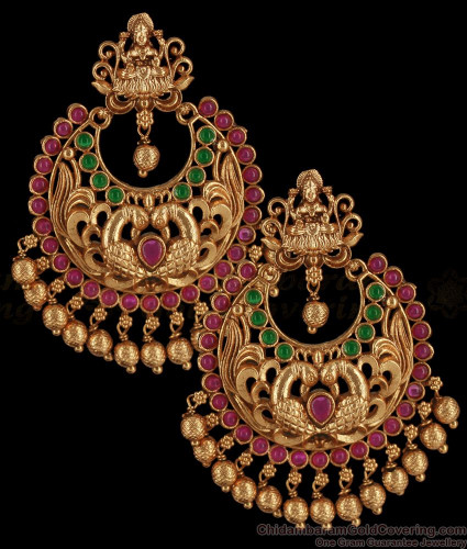Gold Toned Kempu Chandbali Earrings Ruby Emerald Kundan