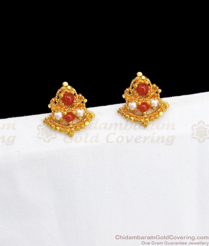 22k yellow gold plated red coral designer indian fashion jhumka earrings