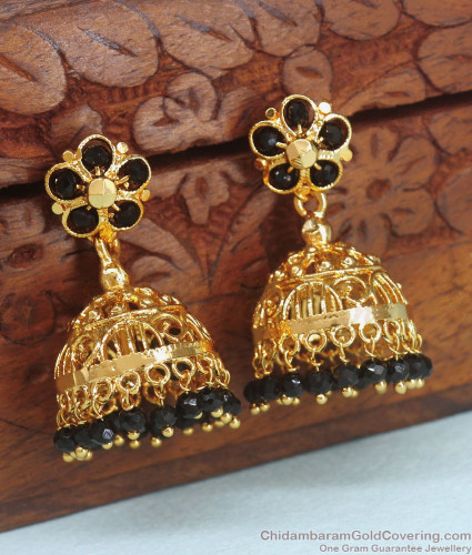 Buy Latest One Gram Gold Black Crystal| Black Beads Jhumka Earrings Online