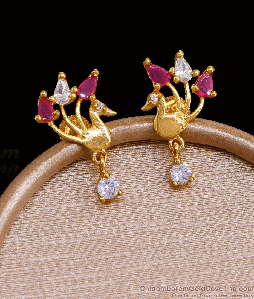 1 Gram Gold Stud Earring Peacock Design Ruby White Stone ER3535