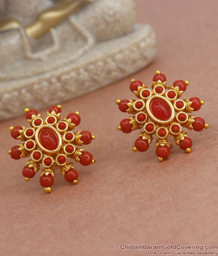 Red earrings, Red coral stone earrings, Coral jewellery in gold at ₹895 |  Azilaa