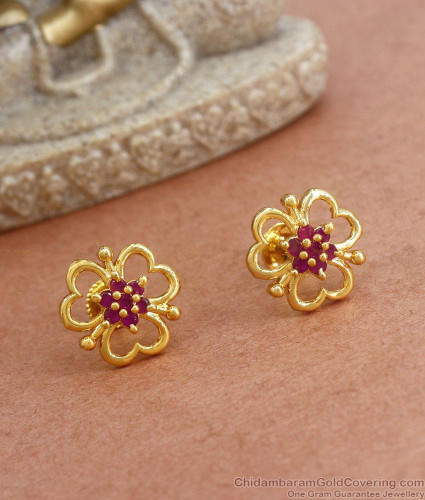 22K Yellow Gold Ruby Stud Earring Indian Tops Flower Small Gift Use K3120 |  eBay