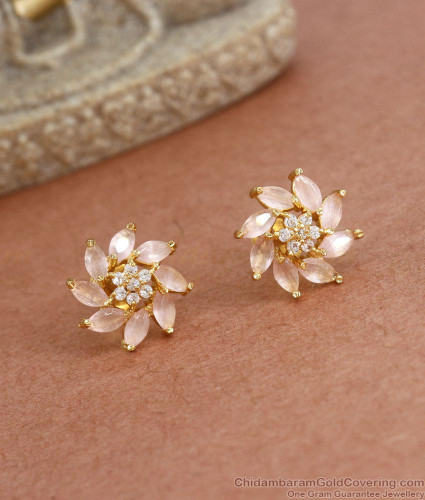 delicate romantic white flower stud earrings with tiny cz paved gold color  earring for cute girls