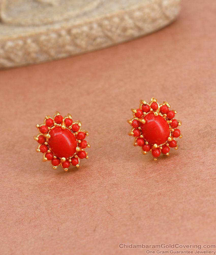 kerala Gold Stud Earring Red Pavalam Design ER4092