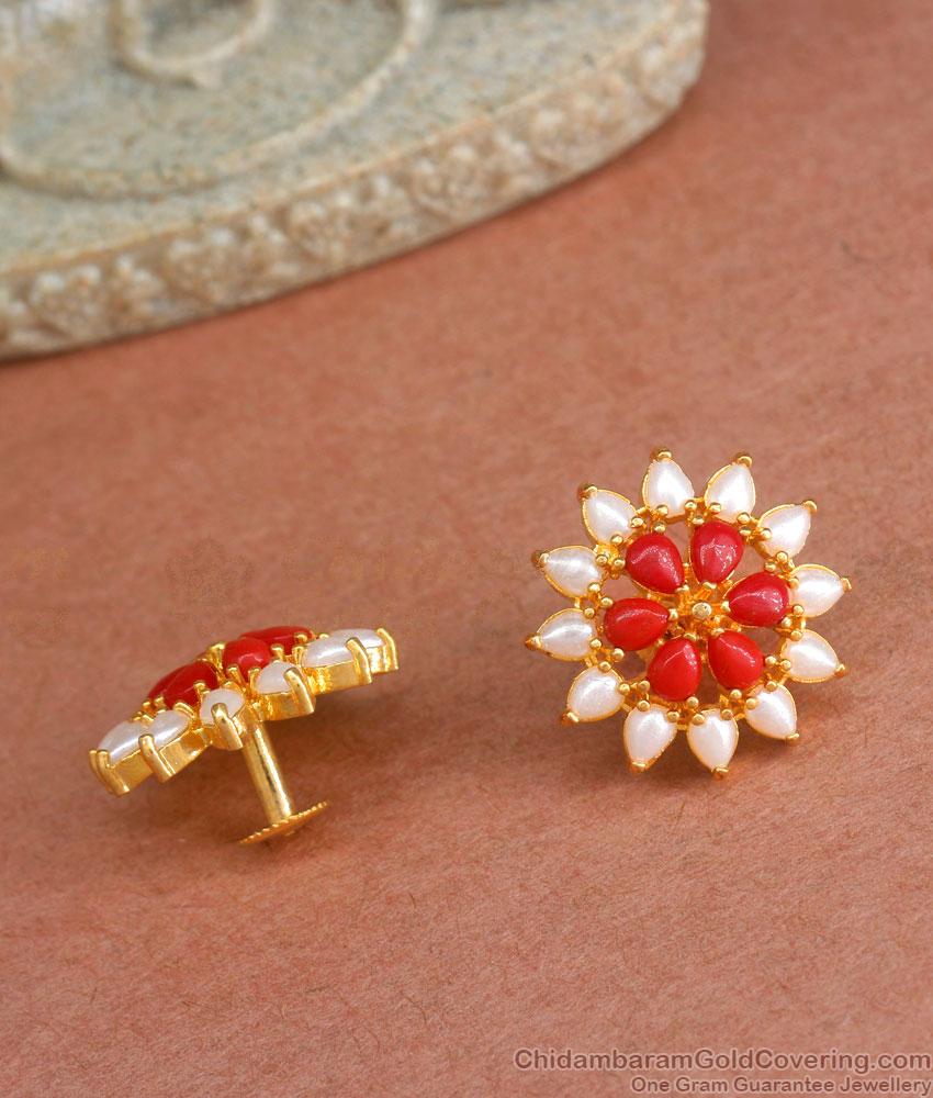 Latest 1 Gram Gold Red Coral White Earring Stone Studs ER4225