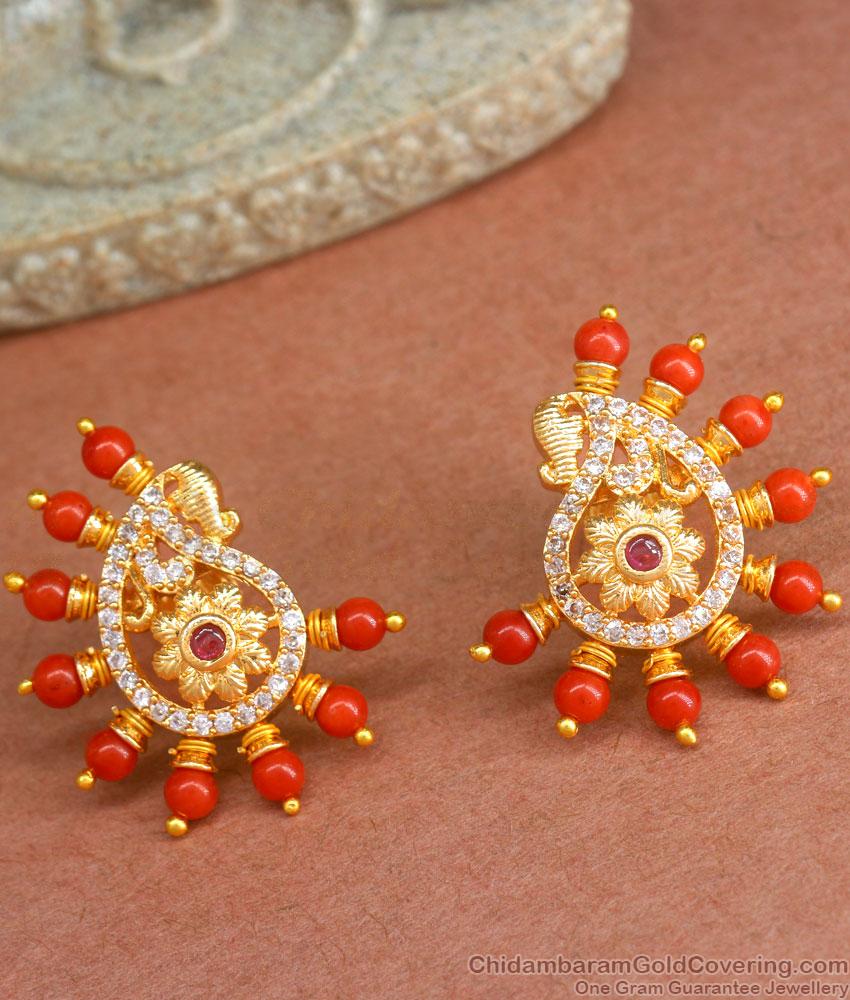 Red Coral Gold Imitation Earring Peacock Design ER4230