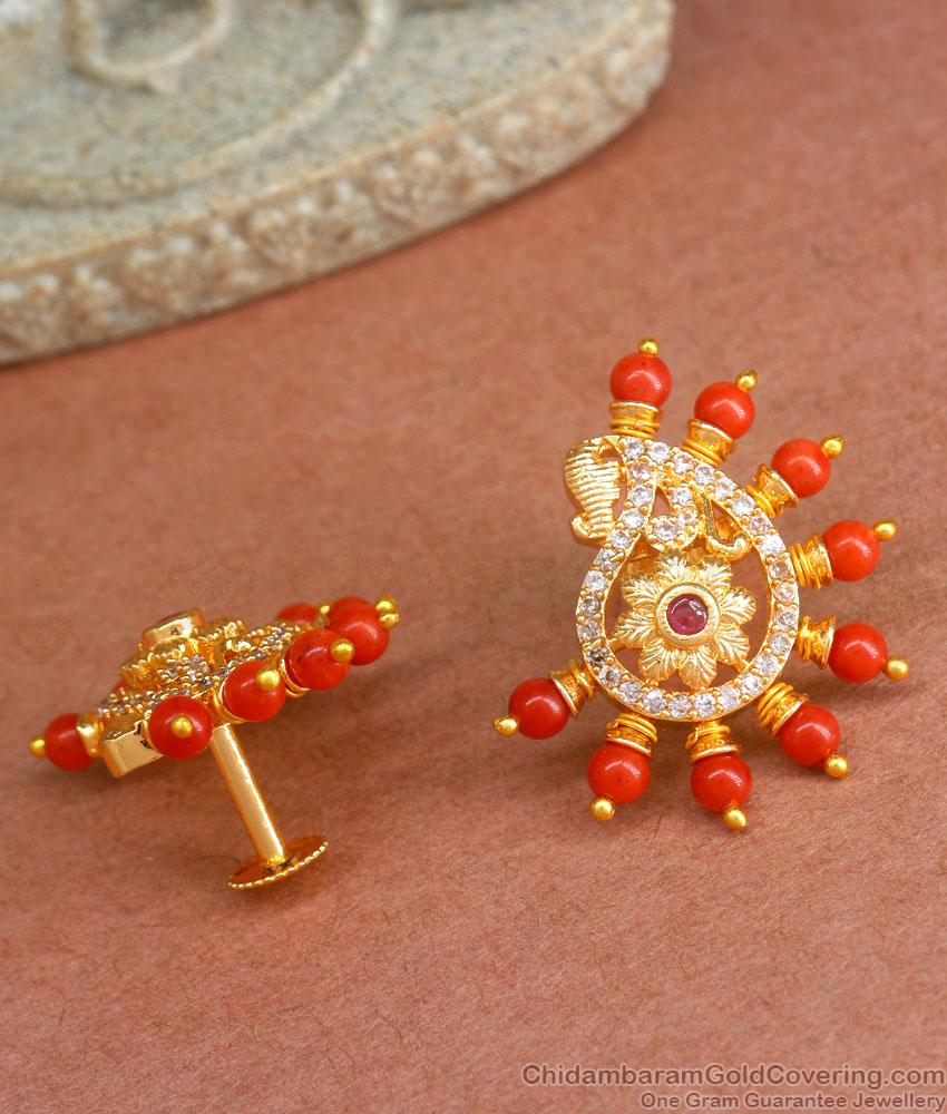 Red Coral Gold Imitation Earring Peacock Design ER4230