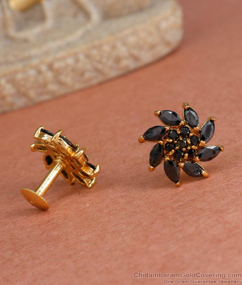 Black Stone Stud Earring Floral Design ER4260