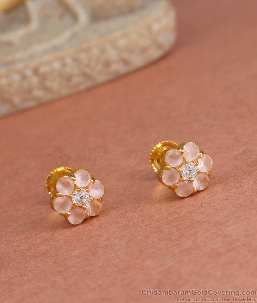 Elegant 22K Gold Flower Stud Earrings With Rose Quartz Diamond ER4270