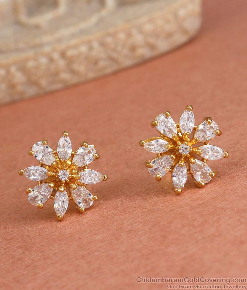 Sparkling White Stone Flower Stud Earrings Gold Finish ER4278