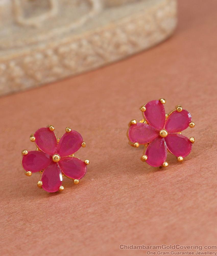 Small Ruby Stone Stud Earring 5 Petal Flower Design ER4292