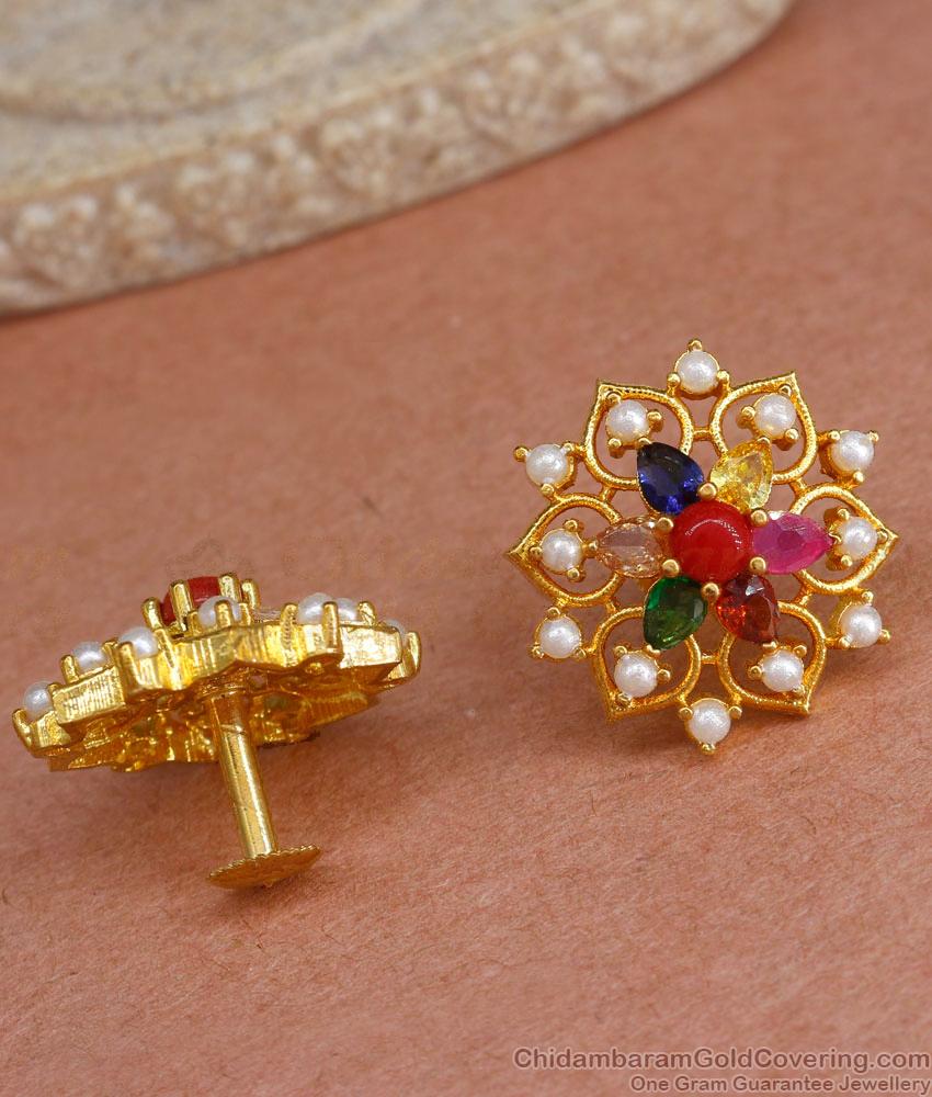 Vintage Look Navaratnam Stone Gold Earring Pearl Jewelry ER4296