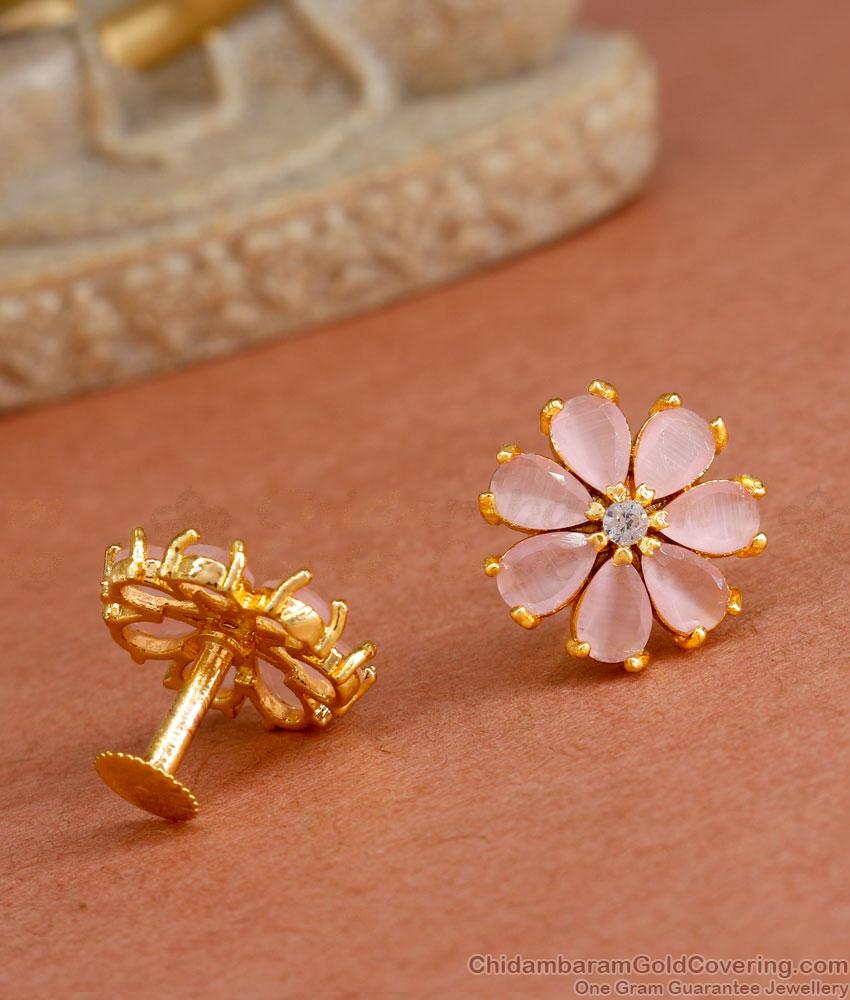 Glittering Pink Stone Gold Stud Earring Party Wear ER4300