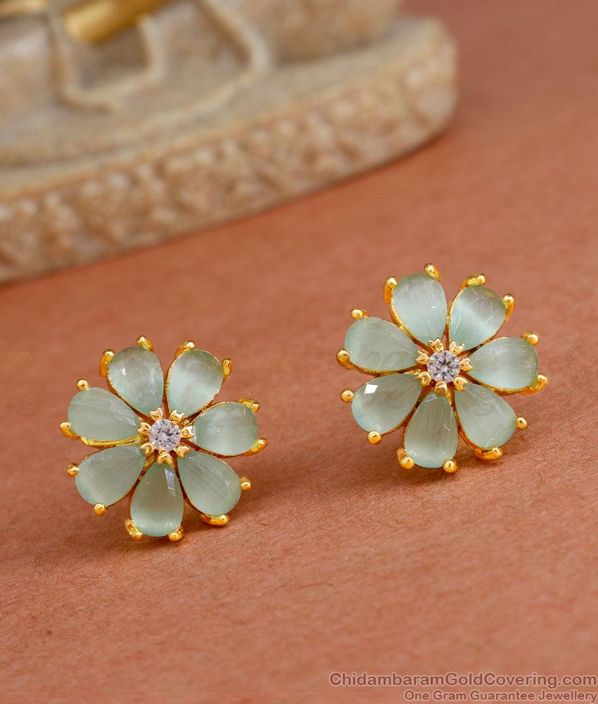 Green Opal Flower Design Gold Stud Earring Designs ER4301