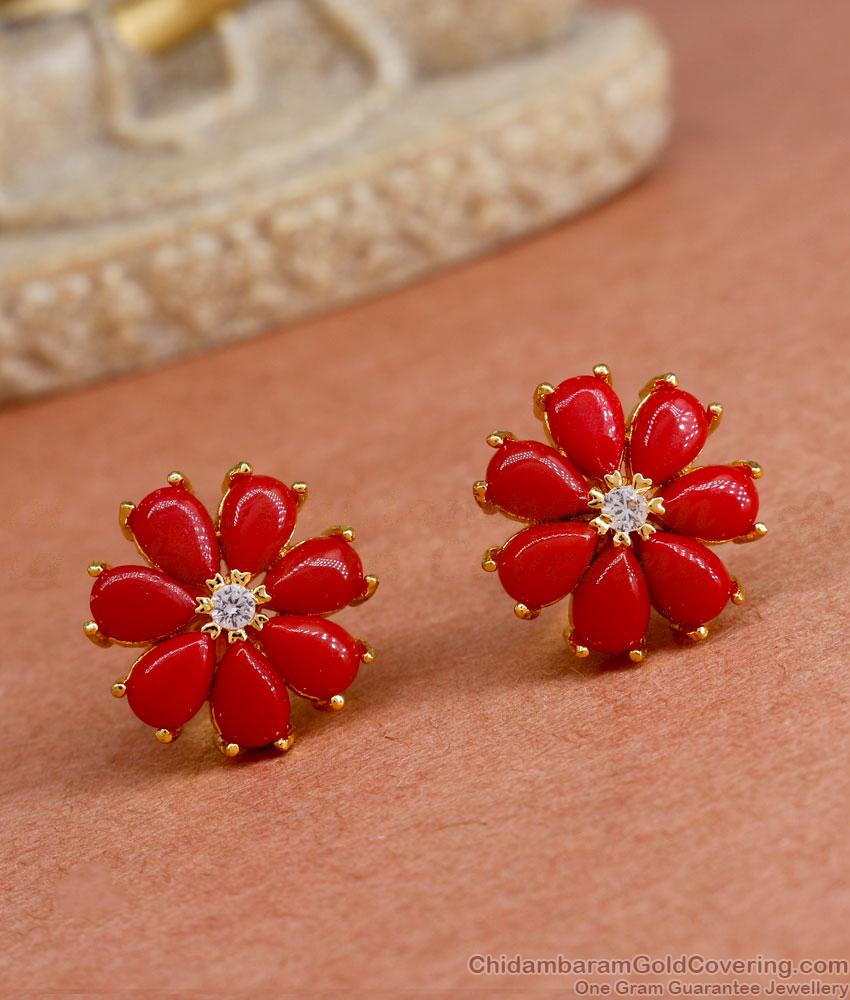 Red Coral Earring Flower Design Ear Studs For Women ER4303