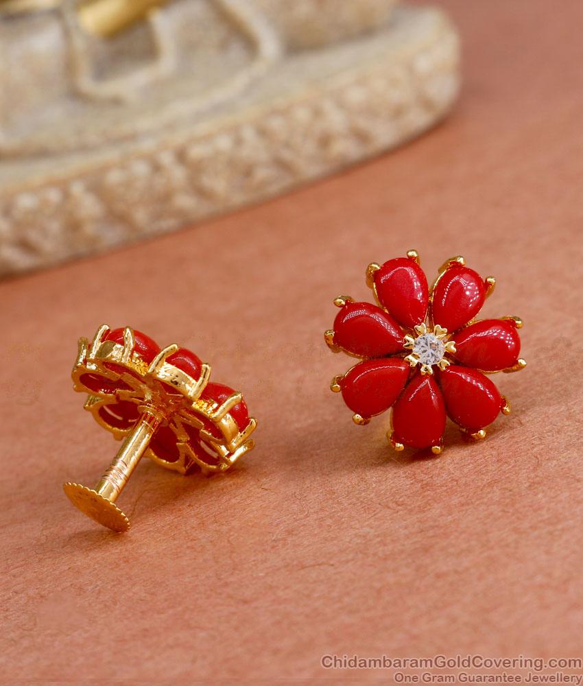 Red Coral Earring Flower Design Ear Studs For Women ER4303