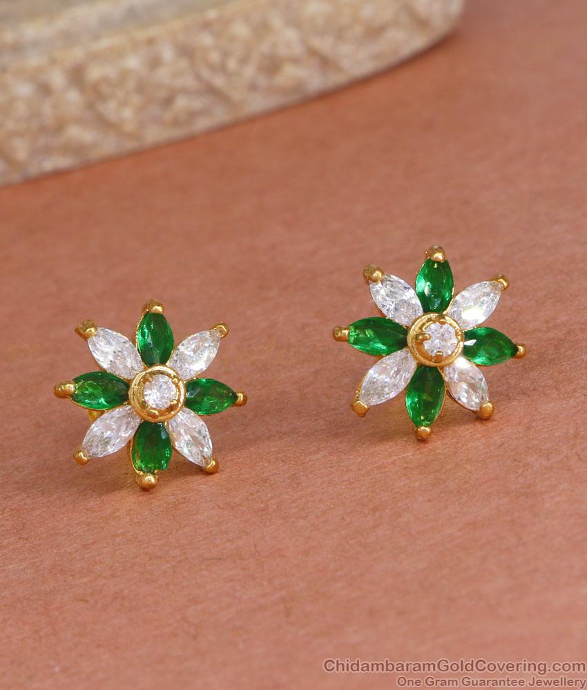 Floral Gold Stud Earring With Green And White Stone ER4369