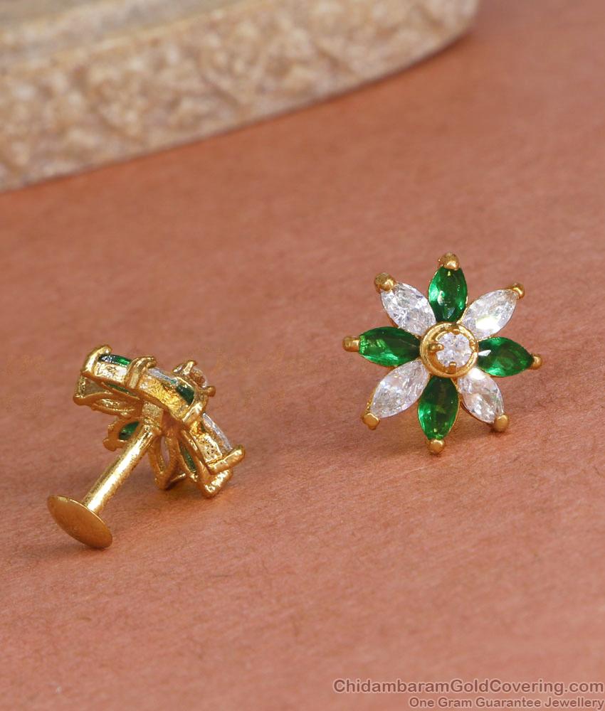 Floral Gold Stud Earring With Green And White Stone ER4369