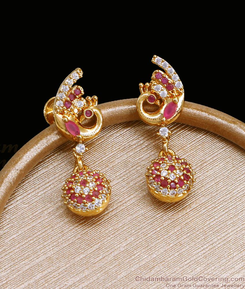 Ruby White Stone Gold Earring Peacock Design ER4411