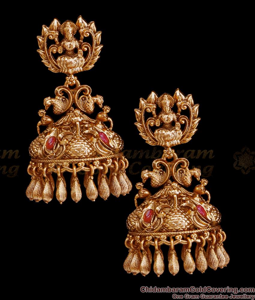 Premium Lakshmi Peacock Design Antique Gold Jhumki Earring Ruby Stone ER4473