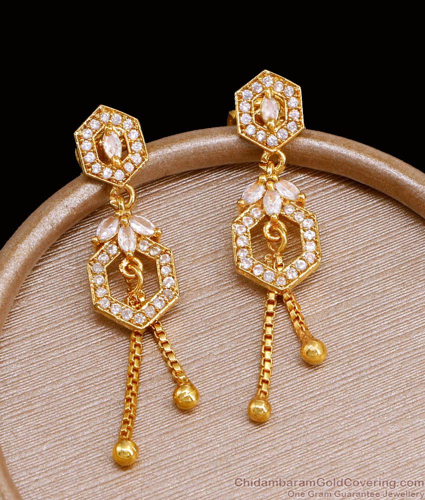 Glittering White Stone Earring Long Gold Dangler ER4530