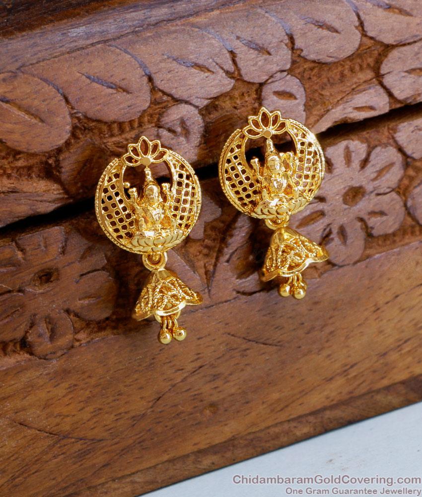 Simple Lakshmi Design Gold Jhumkas With Stone ER4541