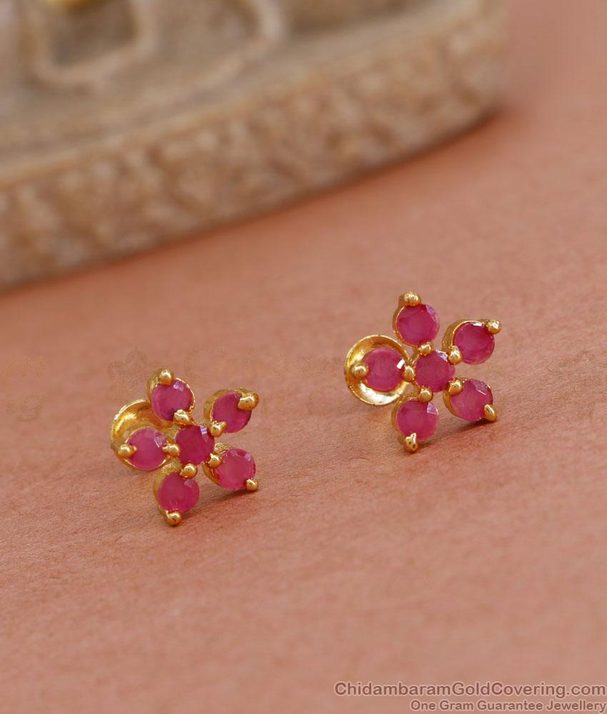 Full Ruby Stone Floral Stud Small Gold Plated Earring ER4581