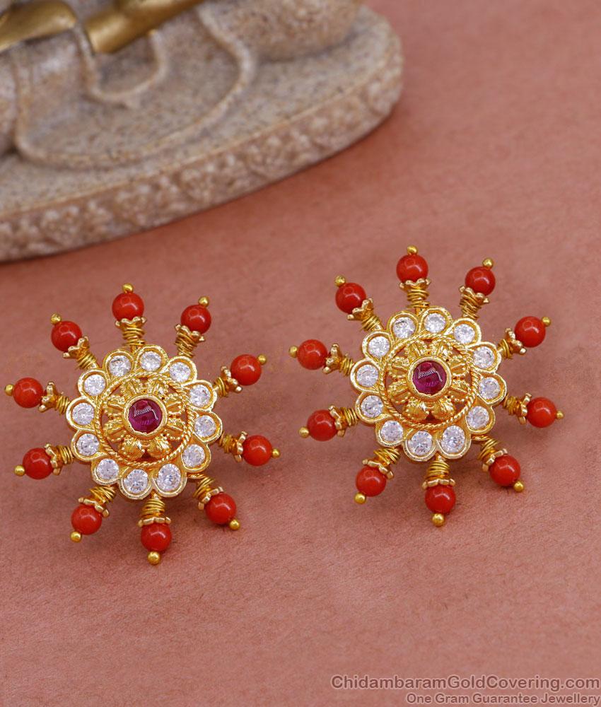 Traditional One Gram Gold Stud Coral Stone Earrings ER4588