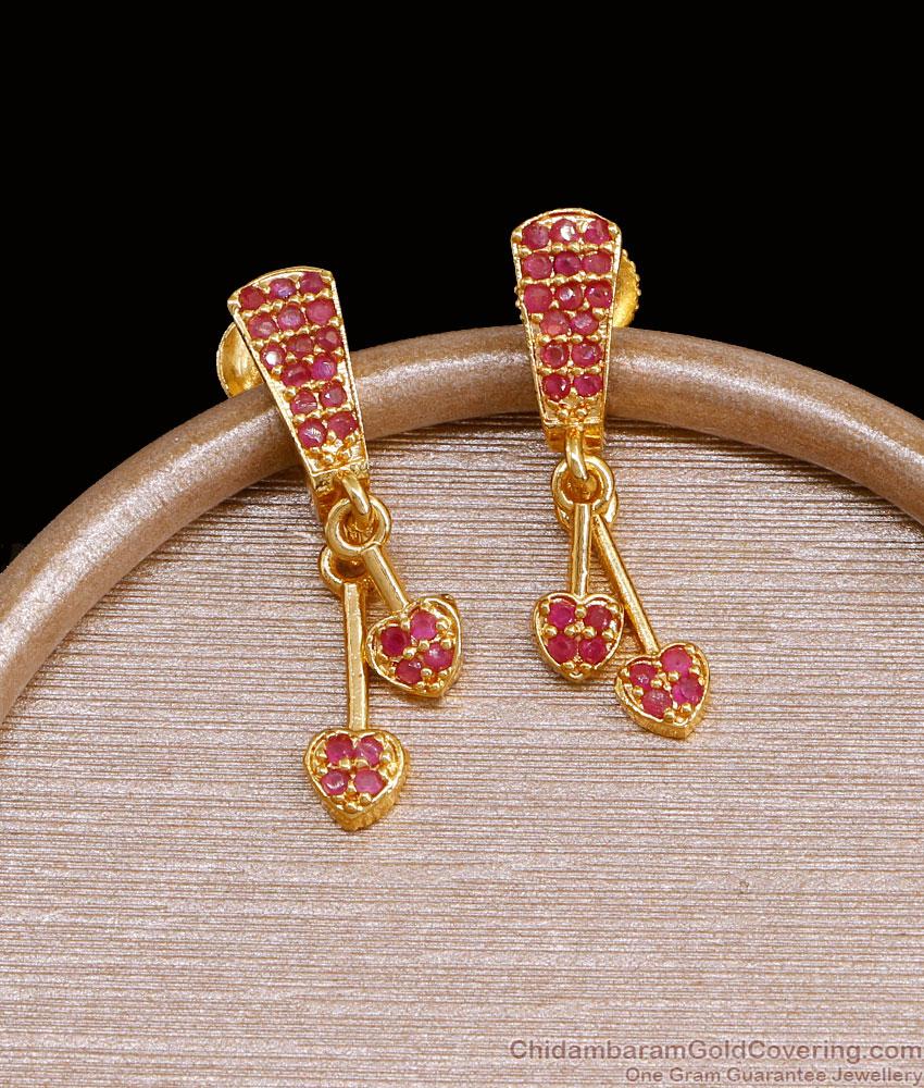 Beautiful Hanging Ruby Hearts Gold Earrings For Occasions ER4602