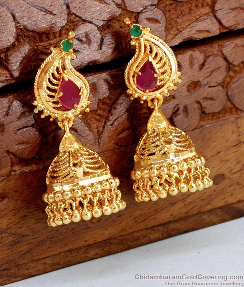 Traditional Mango Design 1 Gram Gold Jhumkas With Stone ER4629