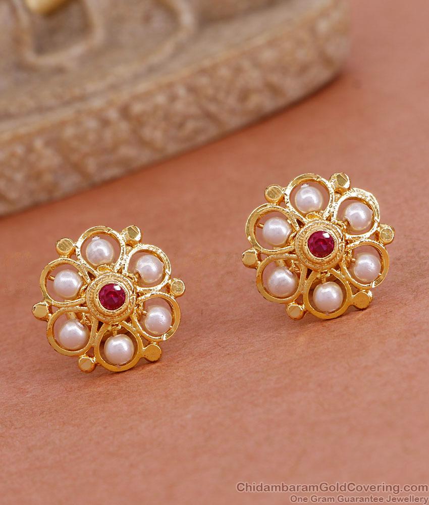 Traditional One Gram Gold Flower Studs With Pearls ER4634