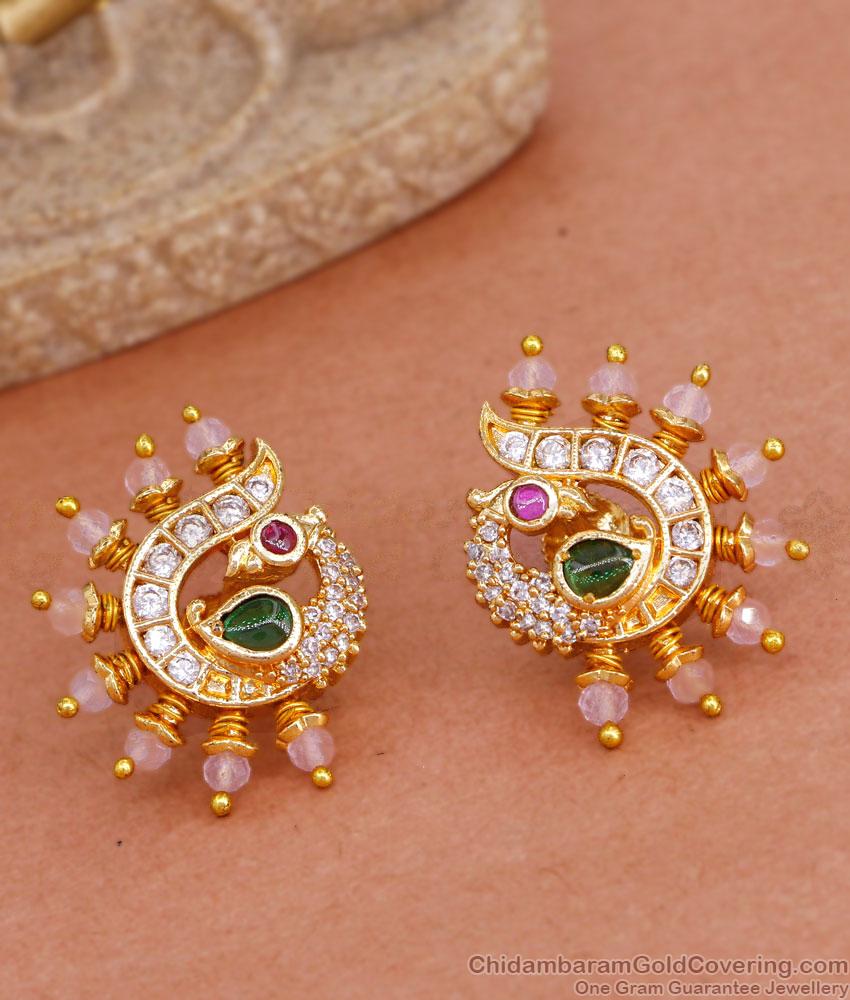 New Model Peacock Design Gold Plated Studs With Pink Crystals ER4662