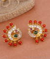 Traditional Red Coral Gemstone Gold Stud Earring Peacock Design ER4663