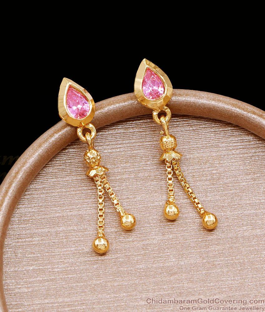 Glittering Pink Stone Light Weight Gold Earring Dangler Design ER4735