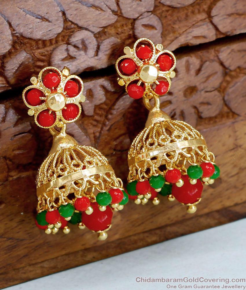 Ruby Green Coral Stone Gold Plated Jhumka For Women ER4743