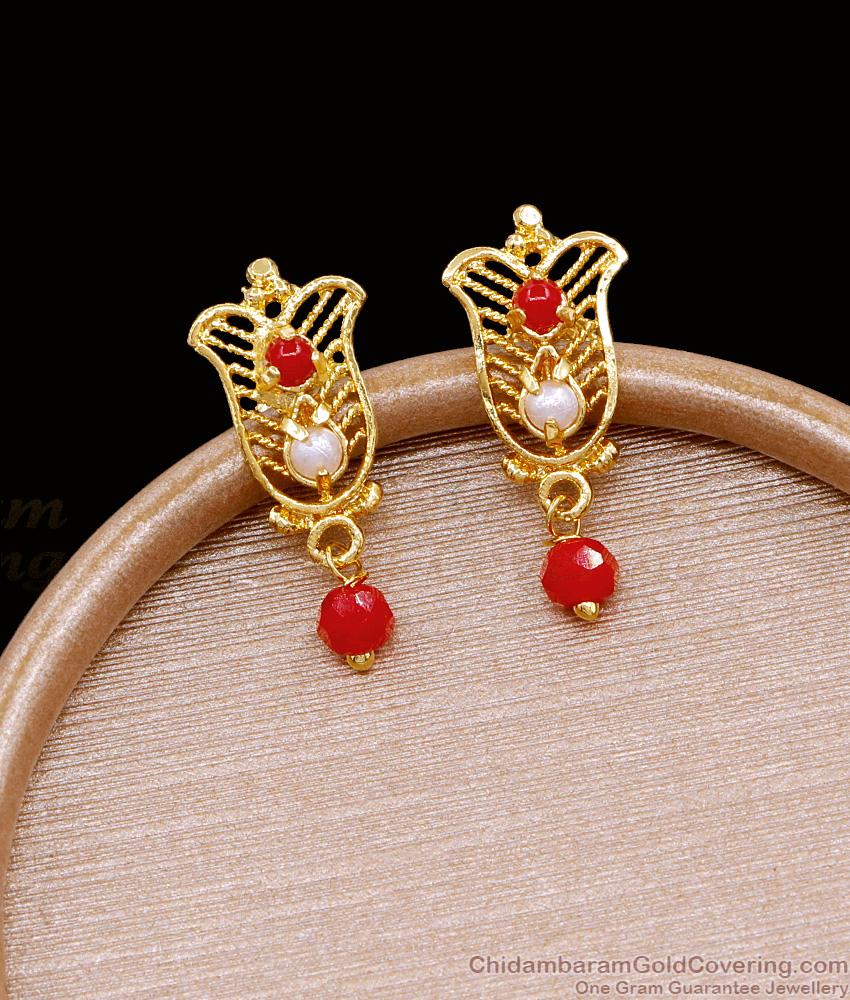 Stylish Gold Stud Earring Flower Design With Coral Stone ER4771